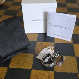 Calvin Klein Jeans Silver Textured Hoop Earrings with Box